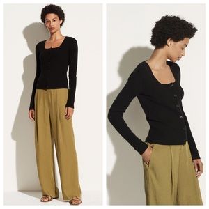 vince - cashmere square neck cardigan sweater ribbed knit long-sleeve black